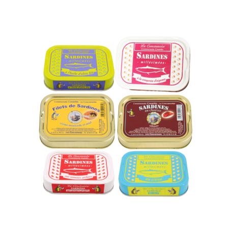 Lot de 6 sardines (huile d'olive, oignons, chorizo,...)